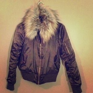Silk fur bomber puffy jacket